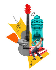 Poster. Contemporary art collage. Guitar, saxophonist, and classical building, intertwined with...