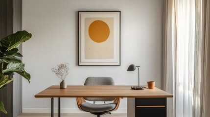 Elegant and Minimalist Office Interior with a Wooden Desk Ergonomic Chair and a Single Piece of Abstract Art on the Wall Emphasizing Simplicity and Style in the Workspace