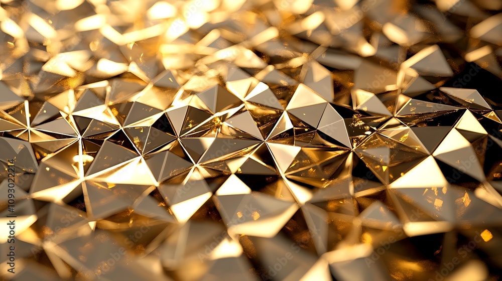 Poster a textured surface of golden pyramids reflecting light, creating a mesmerizing and luxurious visual 