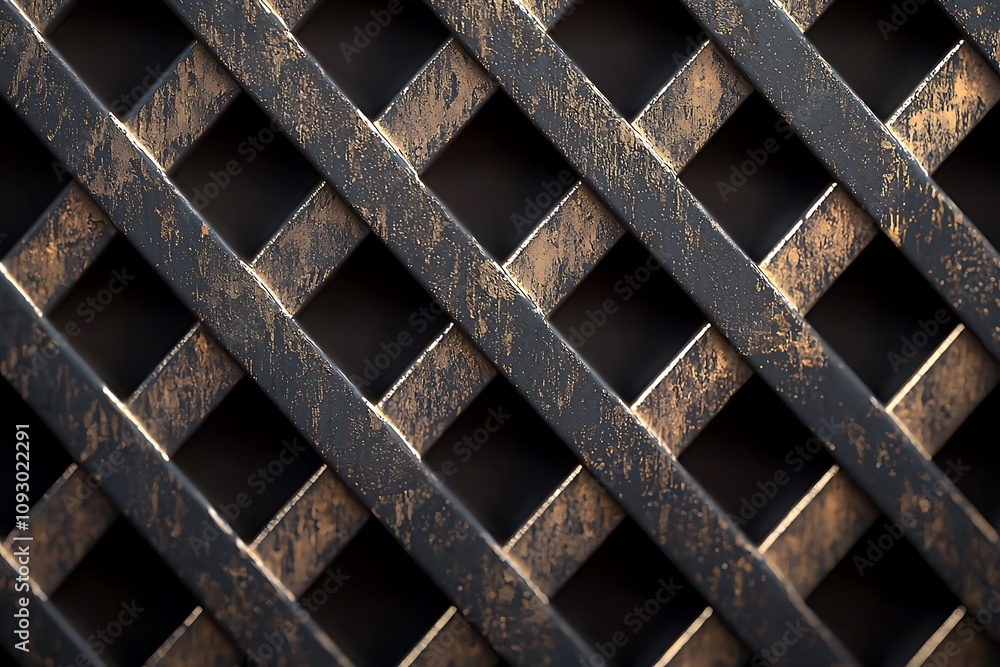 Poster an intricate black lattice structure with a textured surface, highlighting geometric patterns and sh