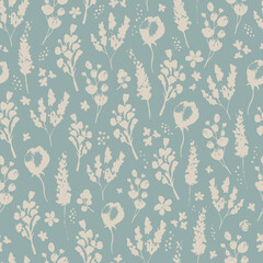 Delicate pastel silhouette of leaves and flowers seamless pattern.