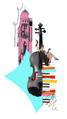 Poster. Contemporary art collage. Violin resting on colorful piano keyboard with pink art-deco building and vintage vibe, celebrating classical music and refined aesthetics. Concept of music festivals © Lustre Art Group 