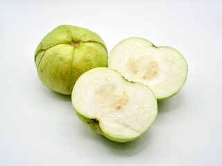 Close up image of green guavas isolated on a white background. Fresh fruit with alot of vitamin C