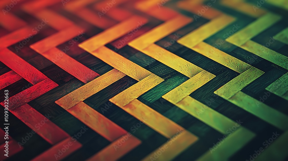 Poster a vivid, abstract pattern of zigzag lines in varying colors, creating an intricate design that captu