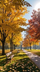 Naklejka premium Anime autumn leaves golden colors peaceful park soft sunlight