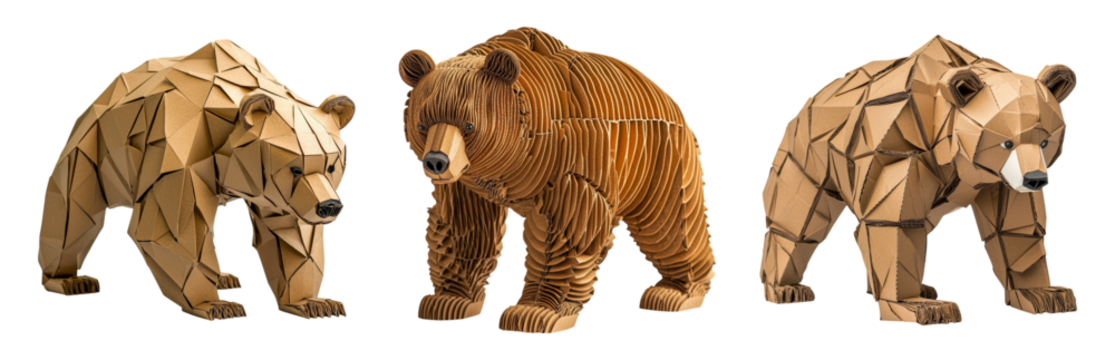 Three Unique Wooden Bear Sculptures Arrangement Isolated on transparent background - Powered by Adobe