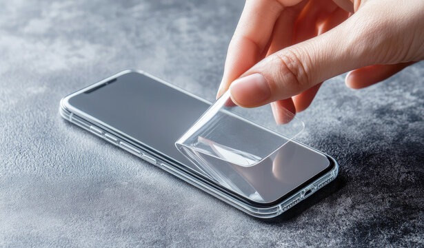 A person delicately peeling away the protective layer and carefully aligning the transparent screen protector onto the phone's display. Protection for the screen of a modern smartphone.