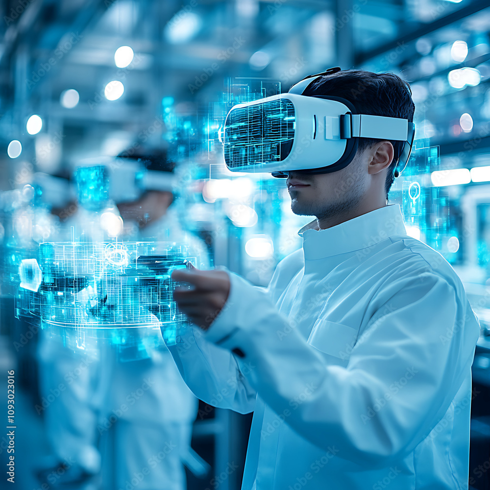 Poster engineers using vr headsets to visualize production processes in modern facility, showcasing advance