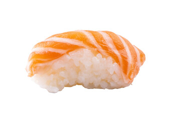 a piece of salmon nigiri with sushi rice isolated from the front © mario