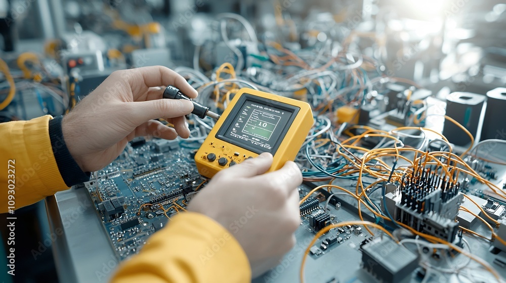 Poster skilled electrical engineer deftly operates digital multimeter amidst intricate tangle of wires and 