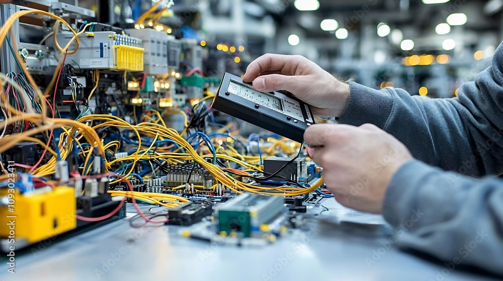 Poster Hands of an Electrical Engineer Deftly Operating a Digital Multimeter Surrounded by an Intricate Tangle of Wires and Circuitry with Warm Ambient Light Illuminating the Gritty Industrial Workspace