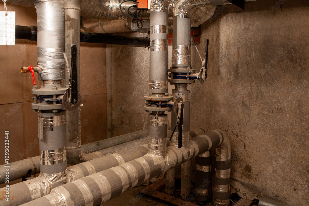 Poster heating system pipes. engineering room with gray pipeline. pipes from boiler equipment. pipeline is 
