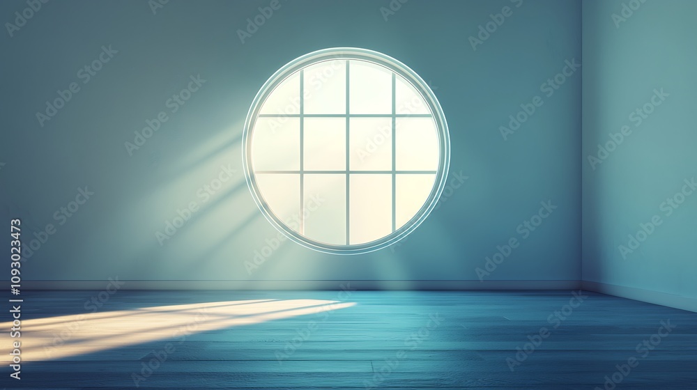 Poster a serene interior with a large circular window casting soft light onto the floor, creating a tranqui