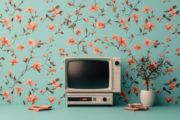 Vintage television display with floral wallpaper home decor retro style