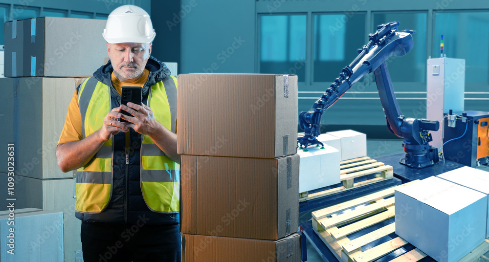Poster man engineer of automated distribution center. guy with phone stands near conveyor belt with boxes. 