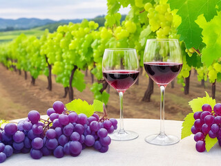 Naklejka premium Wine glasses, wine bottles, vineyard landscape and grapes in nature.