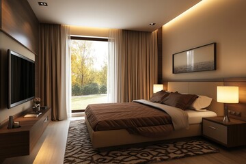 Fototapeta premium Contemporary Bedroom with Stylish Furniture and Cosy Ambiance