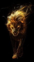 Lion composed of blazing trails of light and fire.