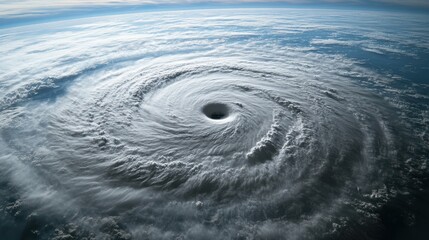 satellite view of powerful hurricane swirling over ocean, showcasing its massive eye and spiraling cloud formations. image captures storm intensity and vastness of surrounding atmosphere