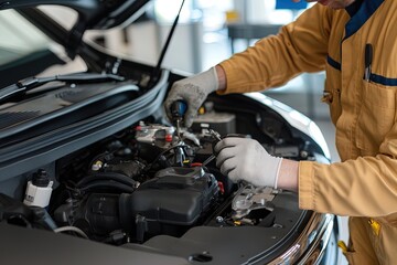 Mechanic working on car engine in a modern garage during daylight hours