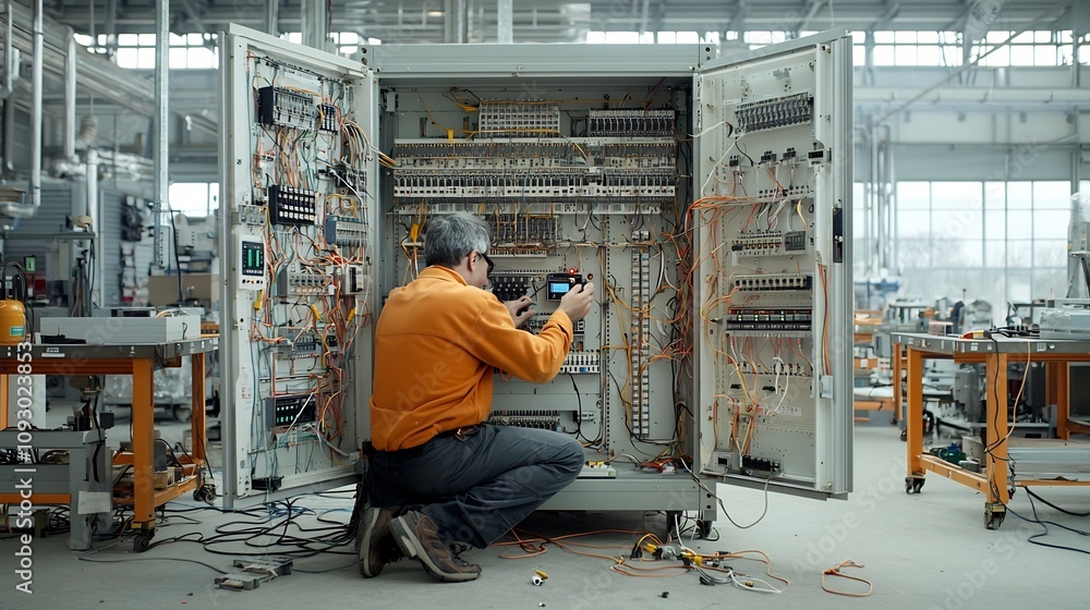 Poster Electrical Engineer Kneeling Beside Open Electrical Cabinet Meticulously Testing Connections with Digital Multimeter in Dimly Lit Workshop with Emphasis on Moody Atmospheric Lighting