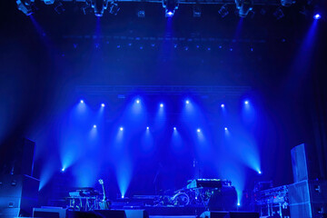 Empty concert stage. Musical instruments for rock concert. Stage awaits start of singers...