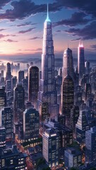 Anime cityscape background sprawling skyscrapers glowing lights tranquil evening sky bustling urban