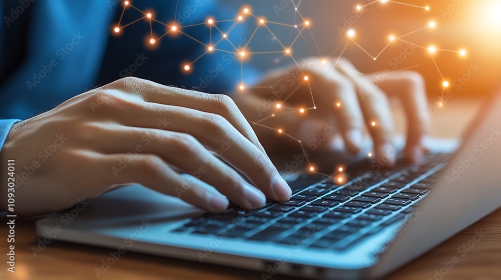 Poster hands typing on keyboard highlighting cybersecurity and digital connectivity