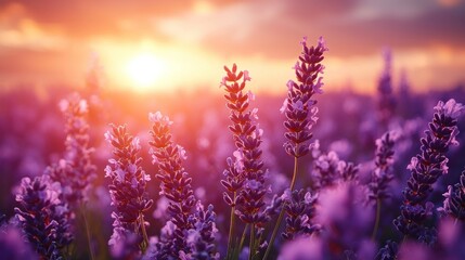 Fototapeta premium Vibrant Lavender Field at Sunset with Golden Hues and Dramatic Cloudy Sky Capturing Nature's Serene Beauty and Tranquility in an Captivating Landscape
