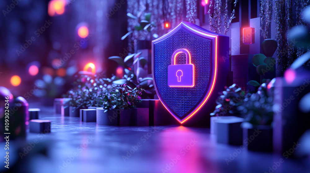 Poster a glowing blue shield with a glowing key on it. the shield is surrounded by a dark background with a