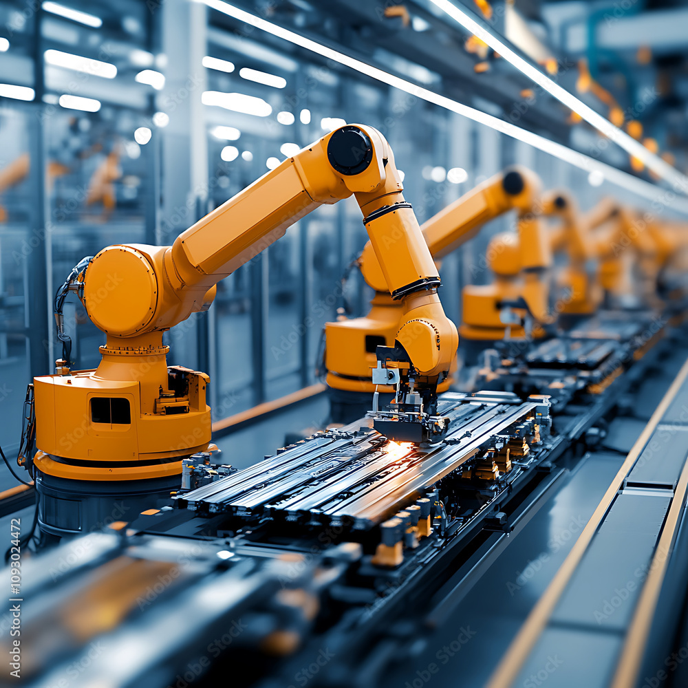Poster large industrial robots moving automotive parts in modern factory setting, showcasing advanced autom