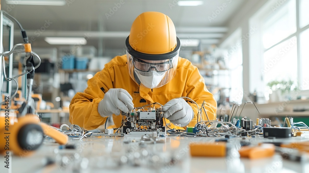 Poster skilled electrical engineer wearing protective gear intensely focused on repairing a malfunctioning 