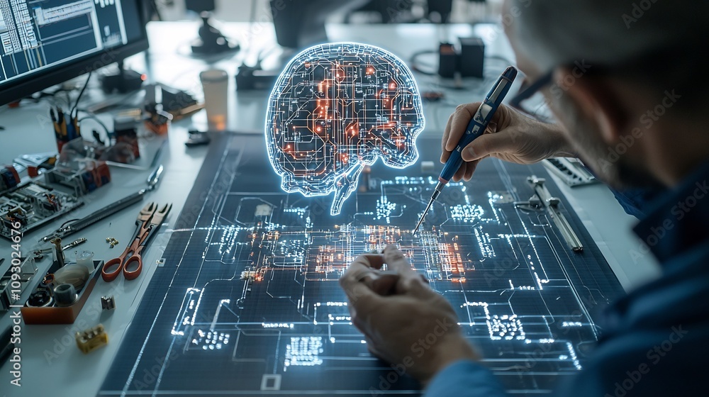 Poster portrait of a dedicated electrical engineer meticulously working on an intricate electrical system p