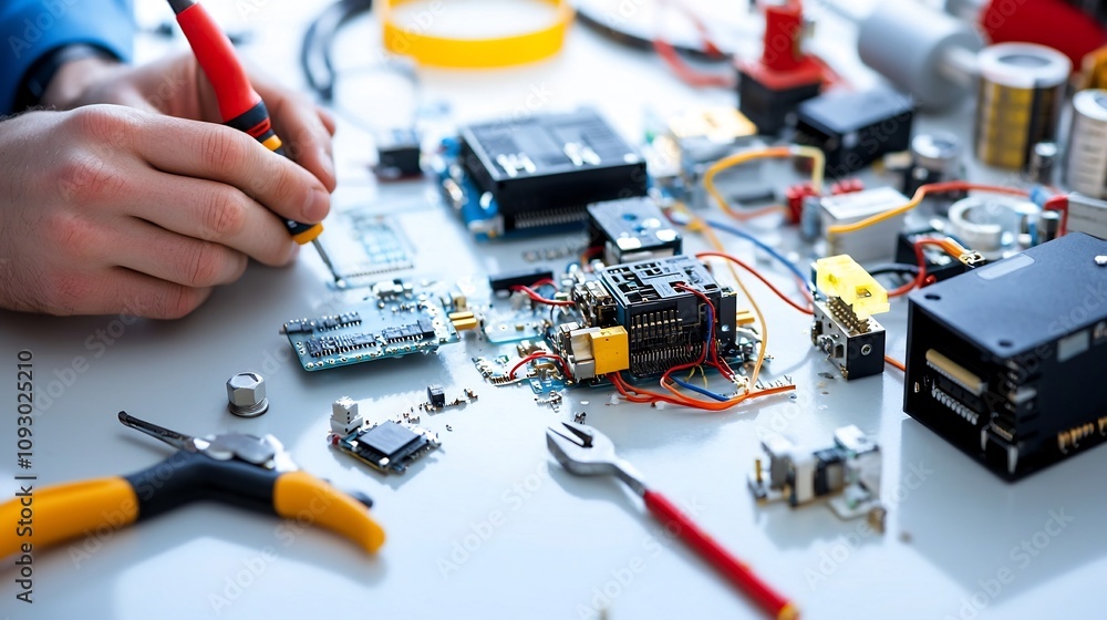 Poster High angle view of an experienced electrical engineer skillfully repairing a damaged electrical component using various tools in a brightly lit natural work environment