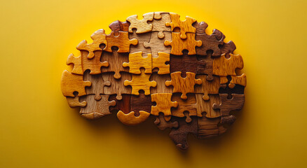 A puzzle of a brain is on a yellow background. The puzzle is made of wood and has many pieces. Concept of the complexity of the human brain and the challenge of understanding it