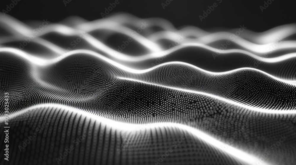 Poster a black and white image of a wave with a lot of dots. the image has a futuristic and abstract feel t