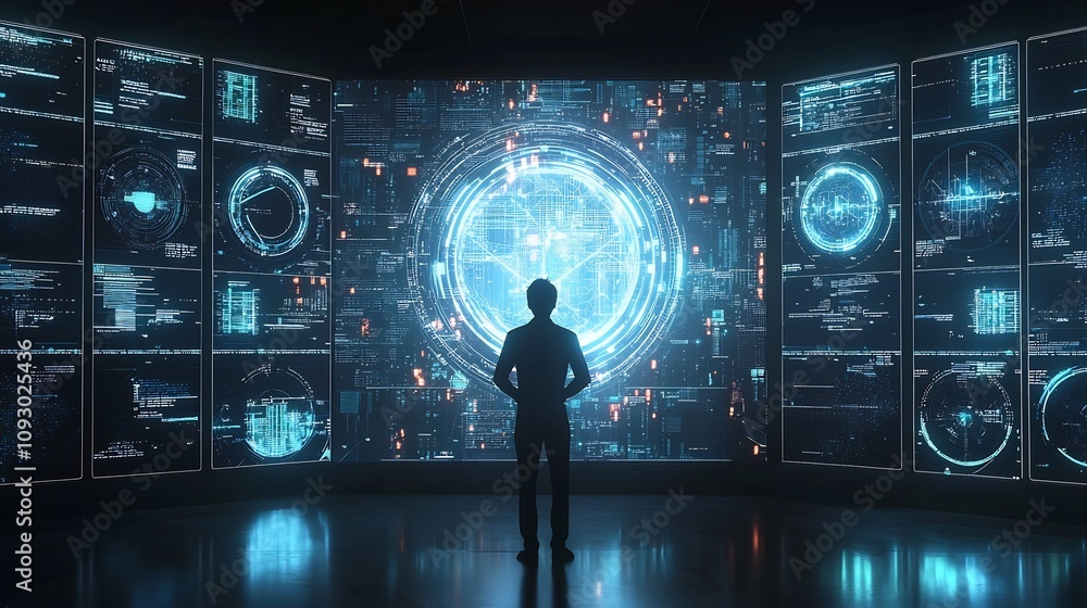 Poster fintech professional analyzing complex blockchain financial data on futuristic holographic screens i