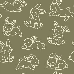 Vector seamless pattern with cute baby bunny. Gender neutral repeat print for kids. Simple hand drawn line art rabbits for newborn. © Kseniya