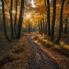 Obraz premium A quiet forest path covered in autumn leaves, with golden light filtering through the trees.