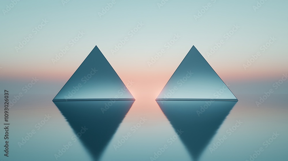 Poster two mirrored pyramids reflect in calm waters under a pastel sky, creating a serene and geometric vis