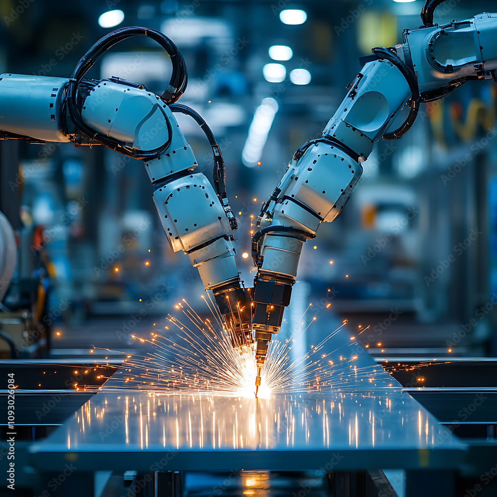 Poster robotic arms welding steel frames, creating sparks in factory setting. advanced technology showcases
