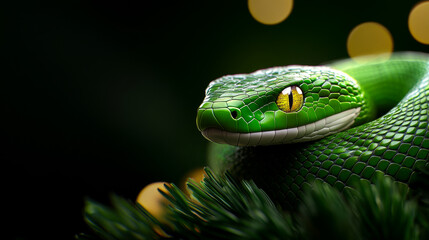 Fototapeta premium A green snake is laying on a leafy green bush. The snake is looking at the camera