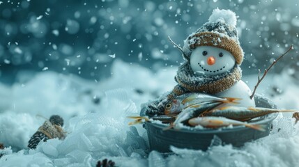 A snowman with a hat and scarf is sitting in a bucket of fish. The scene is set in a snowy environment, with the snow covering the ground and the fish in the bucket