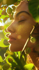 Radiant Skin of a Model Nourished by Pistachio Oil Extract, Surrounded by Pistachios in a Sunlit Orchard for a Natural Glow