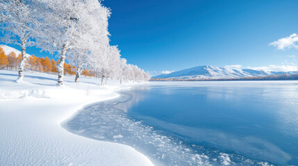 Stunning Winter Landscape of a Frozen Lake Surrounded by Snow-Covered Trees Under a Bright Blue Sky in a Serene Natural Setting