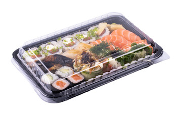 colorful oriental japanese sushi tray delivery raw fish salmon and isolated angle