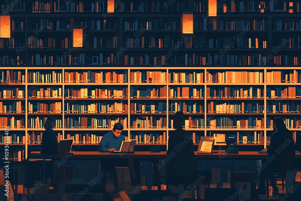 Poster a cozy library scene with illuminated bookshelves and individuals reading at wooden tables, creating