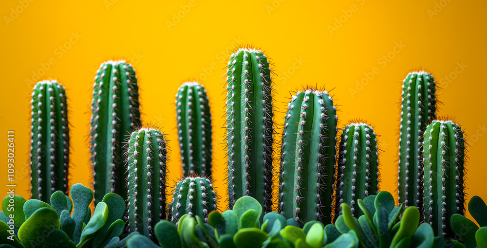 Poster a row of cacti with green leaves and spines are arranged in a row on a yellow background