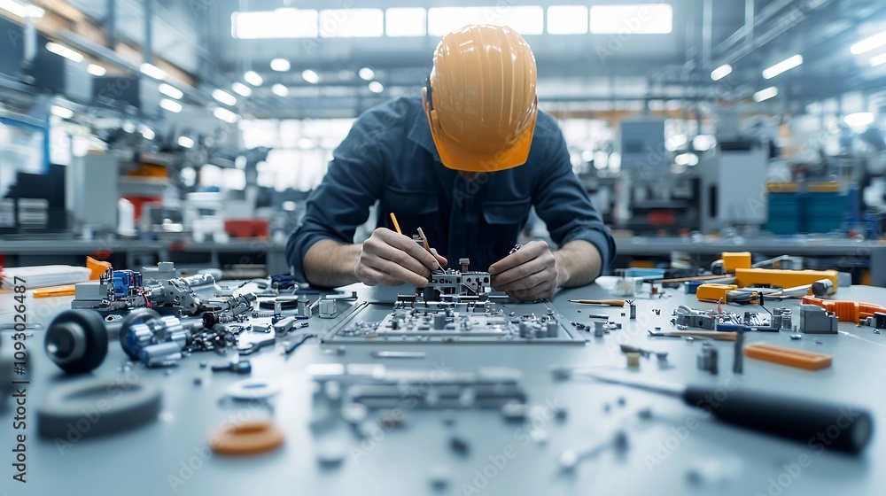 Poster Skilled mechanical engineer carefully adjusting the components of a complex industrial machine with tools and parts scattered around in a dramatic rugged and industrial chic workspace