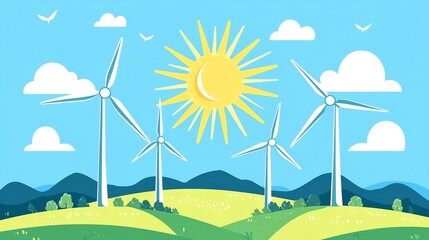 Flat design depicting wind turbines generating clean renewable energy on lush green hills under a bright sunny sky  Showcasing sustainable eco friendly power production in a picturesque